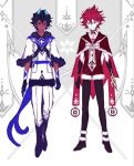  2boys arjuna_(fate/grand_order) arjuna_alter black_hair burning_garment_of_three_gods capelet chest_tattoo child dark_skin dark_skinned_male fate/grand_order fate_(series) heterochromia horns karna_(fate) male_focus mchi multiple_boys multiple_tails red_eyes red_skin redhead tail tattoo two_tails white_skin yellow_eyes younger 