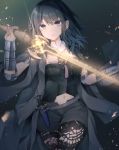  1girl absurdres black_cloak black_hair black_legwear black_shorts blue_eyes breasts byleth_(fire_emblem) byleth_eisner_(female) cloak commentary_request dagger eyebrows_visible_through_hair fire_emblem fire_emblem:_three_houses highres holding holding_sword holding_weapon long_hair looking_at_viewer medium_breasts navel pantyhose shorts solo sword tagme weapon yua_(bokubo0806) 