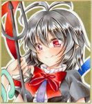  1girl antenna_hair asymmetrical_wings black_hair black_shirt blue_wings blush bow bowtie eyebrows_visible_through_hair graphite_(medium) hair_between_eyes holding holding_weapon houjuu_nue looking_at_viewer nekofish666 pointy_ears polearm red_eyes red_neckwear red_wings shirt short_sleeves smile snake solo touhou traditional_media trident weapon wings 