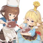  2girls :q apron bangs blonde_hair blue_dress blunt_bangs blush bowl bridgette_(granblue_fantasy) brown_hair charlotta_fenia check_character chef_hat chocolate chocolate_on_face commentary_request crown dress flipped_hair food food_on_face granblue_fantasy hair_between_eyes harvin hat long_hair maid_headdress multiple_girls o_(rakkasei) pointy_ears puffy_short_sleeves puffy_sleeves short_sleeves simple_background smile tongue tongue_out v-shaped_eyebrows valentine very_long_hair whisk white_apron white_background 