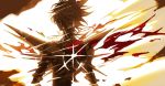  1boy armor cape collar explosion fate/apocrypha fate_(series) from_behind jewelry karna_(fate) male_focus mchi single_earring solo sparkle spiked_collar spikes spiky_hair torn_clothes upper_body 