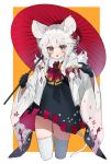 1girl animal animal_ears black_dress black_gloves cropped_legs dress gloves grey_eyes haori highres holding holding_umbrella japanese_clothes long_hair looking_at_viewer mid_(gameshe) mouse mouse_ears mouse_tail oriental_umbrella original parted_lips slit_pupils solo tail thigh-highs umbrella white_hair white_legwear wide_sleeves 