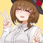  1girl :d ^_^ bangs black_headwear blush braid breasts brown_hair brown_ribbon center_frills charlotte_corday_(fate/grand_order) closed_eyes collared_shirt double_v eyebrows_visible_through_hair facing_viewer fate/grand_order fate_(series) flower frills hair_between_eyes hair_ribbon hands_up hat hat_flower i.u.y long_sleeves medium_breasts open_mouth orange_background outline red_flower red_rose ribbon rose shirt sleeves_past_wrists smile solo upper_body upper_teeth v white_outline white_shirt 