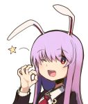  1girl :d animal_ears boa_(brianoa) ear_down eyebrows_visible_through_hair eyes_visible_through_hair hand_up highres long_hair long_sleeves looking_at_viewer necktie ok_sign one_eye_closed open_mouth purple_hair rabbit_ears red_eyes red_neckwear reisen_udongein_inaba round_teeth simple_background smile solo star teeth touhou upper_teeth white_background 
