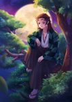  1boy black_hakama brown_hair checkered collarbone earrings facial_mark full_moon hakama haori highres horn in_tree japanese_clothes jewelry kamado_tanjirou kimetsu_no_yaiba kimono long_hair male_focus moon plus1024 red_eyes sitting sitting_in_tree sky solo star_(sky) starry_sky tabi tree white_kimono white_legwear 