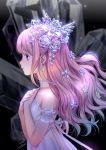  1girl bare_shoulders crystal dress earrings fantasy foomidori hair_ornament highres jewelry long_hair original pink_hair profile strapless strapless_dress 