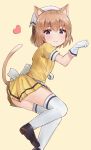  1girl absurdres animal_ears black_footwear blend_s blush brown_hair cat_ears cat_tail from_side heart highres hoshikawa_mafuyu looking_at_viewer paw_pose racchi. shoes short_hair standing standing_on_one_leg stile_uniform sweatdrop tail thigh-highs violet_eyes waitress white_legwear 