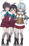  3girls absurdres ahoge black_ribbon blue_gloves blue_neckwear boots bow bowtie braid brown_eyes cross-laced_footwear dress fujinami_(kantai_collection) full_body gegeron gloves grey_hair grey_legwear hair_over_eyes hair_ribbon hamanami_(kantai_collection) hayanami_(kantai_collection) highres kantai_collection lace-up_boots long_hair long_sleeves looking_at_another looking_at_viewer mittens multiple_girls pantyhose pleated_dress ponytail purple_dress purple_hair ribbon school_uniform seamed_legwear shirt short_hair side-seamed_legwear side_ponytail sidelocks single_braid smile snowman thigh-highs white_ribbon white_shirt yellow_eyes 