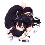  1girl animal_ears barefoot black_hair cellphone commentary_request crayon crossed_ankles ejami ekko_(ejami) fang fox_ears fox_girl fox_tail long_hair lying on_stomach original phone red_eyes shorts smartphone tail tail_hold writing 