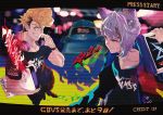  arcade_stick blurry bokeh brand_name_imitation closed_mouth controller countdown depth_of_field e-sports erune eyelashes game_controller granblue_fantasy granblue_fantasy_versus grin headphones headphones_around_neck joystick lavender_hair official_art pompadour quatre_(granblue_fantasy) scanlines shirt smile stadium t-shirt tsubasa_(granblue_fantasy) 