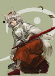  1girl animal_ears battoujutsu_stance brown_eyes closed_mouth fighting_stance grey_hair holding holding_sword holding_weapon inishie_kumo inubashiri_momiji katana leaf long_sleeves looking_at_viewer red_footwear red_skirt sheath shoes short_hair sketch skirt solo sword tail touhou weapon wide_sleeves wolf_ears wolf_tail 