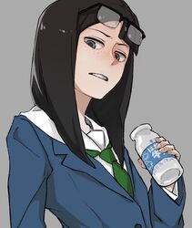  asymmetrical_bangs bangs black_hair blazer bottle eizouken_ni_wa_te_wo_dasu_na! eyewear_on_head freckles grey_background grey_eyes grimace highres jacket jimiko kanamori_sayaka long_hair looking_at_viewer milk_bottle over-rim_eyewear sanpaku school_uniform semi-rimless_eyewear serafuku shiro_yubara simple_background 