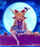  1girl alcohol artist_request bangs barefoot belt bow chain closed_eyes commentary_request cuffs cup fang full_moon hair_bow highres horn_ribbon horns ibuki_suika long_hair low-tied_long_hair moon neckerchief night night_sky oni open_mouth orange_hair red_bow red_neckwear ribbon sakazuki sake shirt sidelocks sitting sky sleeveless sleeveless_shirt solo star_(sky) starry_sky torii torn_clothes torn_sleeves touhou very_long_hair white_shirt 