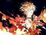  1boy blue_eyes burning collar fate/apocrypha fate_(series) fire jewelry karna_(fate) male_focus mchi pale_skin single_earring solo spiked_collar spikes wheel_earring white_hair white_skin 