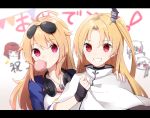  &gt;_&lt; 2girls :d aa_(sin2324) ahoge anchor anchor_hair_ornament azur_lane bangs birmingham_(azur_lane) black_choker black_gloves blonde_hair blue_hairband blue_jacket blurry blurry_background breasts bubble_blowing cameo capelet chewing_gum choker cleveland_(azur_lane) columbia_(azur_lane) commentary_request denver_(azur_lane) dog_tags eyebrows_visible_through_hair eyewear_on_head fingerless_gloves gloves grin hair_ears hair_flaps hair_ornament hairband hairclip hand_on_another&#039;s_shoulder hand_up headphones headphones_around_neck jacket jitome large_breasts long_hair looking_at_viewer low_twintails montpelier_(azur_lane) multiple_girls one_side_up open_mouth parted_bangs raglan_sleeves red_eyes sidelocks small_breasts smile star star_print sunglasses translated twintails upper_body white_background white_capelet white_hair xd 