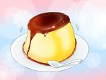  blue_background commentary food gradient gradient_background kkis-i lens_flare no_humans pink_background plate pudding sparkle spoon 