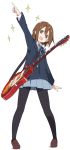  1girl arm_up black_legwear blue_neckwear blue_ribbon blue_skirt blush brown_eyes brown_hair electric_guitar guitar hair_ornament hairclip hirasawa_yui index_finger_raised instrument ixy k-on! long_sleeves looking_at_viewer open_mouth pantyhose pleated_skirt ribbon school_uniform short_hair simple_background skirt smile solo standing white_background 