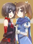 2girls :d ahoge armor armpit_crease bangs bare_shoulders black_armor black_eyes black_gloves black_hair blue_coat blue_scarf blush brown_background brown_eyes brown_hair closed_mouth coat commentary_request detached_sleeves eyebrows_visible_through_hair faulds from_side gloves hair_between_eyes hair_ribbon holding_hands itai_no_wa_iya_nano_de_bougyoryoku_ni_kyokufuri_shitai_to_omoimasu juliet_sleeves koin_(foxmark) long_hair long_sleeves looking_at_viewer looking_to_the_side maple_(bofuri) maple_(itai_no_wa_iya_nano_de_bougyoryoku_ni_kyokufuri_shitai_to_omoimasu) multiple_girls official_art open_clothes open_coat open_mouth ponytail puffy_sleeves red_sleeves ribbon sally_(bofuri) sally_(itai_no_wa_iya_nano_de_bougyoryoku_ni_kyokufuri_shitai_to_omoimasu) scarf short_hair sidelocks simple_background sleeveless smile upper_body vambraces white_gloves yuri