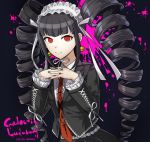  1girl artist_name bangs black_hair black_nails bonnet celestia_ludenberck character_name commentary_request dangan_ronpa dangan_ronpa_1 drill_hair earrings frills gothic_lolita hairband jewelry lolita_fashion long_hair looking_at_viewer nail_polish necktie pink_blood red_eyes red_neckwear ribbon simple_background smile solo songmil twin_drills twintails very_long_hair white_ribbon 