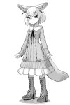  1girl absurdres alternate_costume animal_ears boots cross-laced_footwear dress eyebrows_visible_through_hair fennec_(kemono_friends) fox_ears fox_tail full_body hare_(tetterutei) high_heel_boots high_heels highres kemono_friends lace-up_boots long_sleeves short_hair simple_background solo standing tail wavy_mouth white_background 