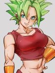  1girl abs arm_at_side bare_arms bare_shoulders bracelet breasts collarbone crop_top dragon_ball dragon_ball_super earrings eyelashes frown green_eyes green_hair grey_background grin hair_over_one_eye hand_on_hip jewelry kefla_(dragon_ball) kemachiku large_breasts looking_to_the_side midriff muscle muscular_female pants parted_lips potara_earrings red_pants short_hair simple_background sleeveless smile solo spiky_hair super_saiyan upper_body v-shaped_eyebrows very_short_hair 