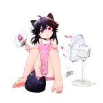  1girl animal_ears barefoot black_hair breasts dress ejami ekko_(ejami) electric_fan fan fox_ears fox_girl fox_tail medium_hair original panties pantyshot pantyshot_(sitting) paper_fan pink_dress red_eyes short_dress sitting sleeveless sleeveless_dress small_breasts sweat tail uchiwa underwear white_panties 