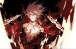  1boy blue_eyes burning_garment_of_three_gods collar eyeliner fate/apocrypha fate_(series) fire karna_(fate) makeup male_focus mchi pale_skin solo spiked_collar spikes white_hair white_skin 