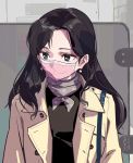  1girl black_hair blue_eyes brown_coat chinese_commentary coat earrings highres jewelry long_hair looking_down mask office_lady office_lady_taiwan original scarf solo taiwan tennohi trench_coat upper_body 