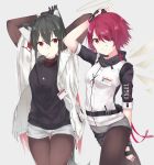  2girls animal_ear_fluff animal_ears arknights bangs black_gloves black_hair black_legwear breasts brown_eyes character_name commentary_request copyright_name exusiai_(arknights) fingerless_gloves gloves grin hair_between_eyes hair_over_one_eye halo highres jacket long_hair long_sleeves looking_at_viewer multiple_girls pantyhose parusu_(ehyfhugj) redhead short_hair short_shorts shorts small_breasts smile solo texas_(arknights) v white_jacket white_shorts 