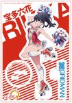  1girl alternate_costume alternate_hairstyle artist_request black_hair blue_eyes character_name cheerleader copyright_name full_body leotard logo long_hair looking_at_viewer official_art ponytail red_leotard roller_skates skates solo ssss.gridman standing standing_on_one_leg takarada_rikka 