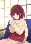  1girl atelier_(series) atelier_sophie bare_legs bare_shoulders barefoot blush braid brown_eyes brown_hair closed_mouth collarbone couch cup hair_ornament long_sleeves mug noco_(adamas) official_art pillow plant short_hair sitting smile sophie_neuenmuller steam sweater vines wariza 