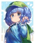  1girl backpack bag bangs blue_background blue_eyes blue_hair blue_shirt blush closed_mouth commentary_request eyebrows_visible_through_hair flat_cap green_headwear hair_bobbles hair_ornament hand_in_hair hand_up hat highres kawashiro_nitori long_sleeves looking_at_viewer monosenbei notice_lines shirt smile solo sweat touhou twintails upper_body 