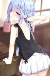  1girl arm_support backless_outfit bangs bare_arms bare_shoulders black_shirt blue_eyes blue_hair blurry blurry_background blush chair commentary_request depth_of_field eyebrows_visible_through_hair gochuumon_wa_usagi_desu_ka? hair_between_eyes hair_ornament highres indoors kafuu_chino kouda_suzu long_hair looking_at_viewer looking_back parted_lips pleated_skirt shirt skirt sleeveless sleeveless_shirt solo very_long_hair white_skirt window x_hair_ornament 