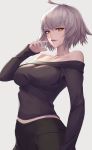  1girl absurdres bare_shoulders breasts collarbone cowboy_shot fate/grand_order fate_(series) finger_to_mouth grey_hair highres jeanne_d&#039;arc_(alter)_(fate) jeanne_d&#039;arc_(fate)_(all) looking_at_viewer medium_breasts midriff_peek short_hair sleeves_past_wrists smirk solo sweater voonalex98 white_background yellow_eyes 