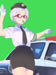  1girl black_headwear black_neckwear black_skirt breast_pocket car eyebrows_visible_through_hair female_service_cap glasses gloves green_background ground_vehicle hat highres hisho_collection looking_to_the_side motor_vehicle mouth_hold nagisa_kurousagi necktie original pencil_skirt pocket police police_car police_uniform policewoman red-framed_eyewear semi-rimless_eyewear shirt short_hair simple_background skirt solo under-rim_eyewear uniform violet_eyes whistle white_gloves white_hair white_shirt 