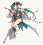  1girl bangs boots breasts cape commentary_request earrings feather_trim fingerless_gloves fire_emblem fire_emblem:_the_blazing_blade fire_emblem_heroes full_body gloves gonzarez green_eyes green_hair grey_background hair_ornament highres holding holding_sword holding_weapon jewelry knee_boots large_breasts lips long_hair looking_away lyn_(fire_emblem) parted_lips pelvic_curtain ponytail puffy_short_sleeves puffy_sleeves sheath shiny shiny_hair shiny_skin short_sleeves simple_background solo striped sword thighs vertical_stripes weapon 