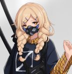  1girl armor blonde_hair braid checkered checkered_shirt hair_ornament hairclip japanese_armor katana long_hair looking_at_viewer mask menpoo orange_eyes original shirt simple_background solo sword t-naka-s-12 weapon 