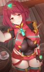  1girl armor bangs blush breasts chair covered_navel cup eyebrows_visible_through_hair fingerless_gloves gem gloves glowing hair_ornament headpiece pyra_(xenoblade) indoors jewelry large_breasts noeomi pose red_eyes red_shorts redhead short_shorts shorts shoulder_armor skindentation smile solo spoon swept_bangs table tea thigh-highs tiara xenoblade_(series) xenoblade_2 