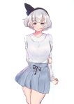  1girl bangs black_bow black_hairband blue_eyes blue_skirt blunt_bangs bob_cut bow hair_bow hairband highres holding_arm konpaku_youmu lookhow short_hair silver_hair skirt smile solo touhou 