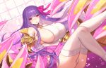  1girl artist_name bangs bare_shoulders blunt_bangs blush breasts claws collar commentary eyebrows_visible_through_hair fate/extra fate/extra_ccc fate/grand_order fate_(series) hair_ribbon huge_breasts long_hair o-ring o-ring_top parted_lips passion_lip pink_ribbon purple_hair ribbon sideboob solo terupancake thigh-highs twitter_username very_long_hair violet_eyes white_legwear 
