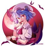  1girl absurdres artist_request ascot bat bat_wings blue_hair brooch commentary_request cup fang food frilled_shirt_collar frills fruit full_moon hat highres jewelry mob_cap moon night night_sky puffy_short_sleeves puffy_sleeves red_eyes remilia_scarlet sash short_hair short_sleeves sky solo strawberry teacup touhou wings wrist_cuffs 