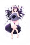  1girl ;) animal_ears black_hair commentary_request ejami ekko_(ejami) fox_ears fox_girl fox_tail full_body highres long_hair one_eye_closed original panties paper pen pillow pink_panties red_eyes smile tail underwear underwear_only 