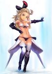  1girl ahoge bikini blonde_hair blue_eyes bow bravely_default:_flying_fairy bravely_default_(series) breasts closed_mouth edea_lee elbow_gloves gloves hair_bow highres long_hair looking_at_viewer simple_background smile solo swimsuit tamaishi thigh-highs 