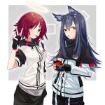  2girls :t absurdres animal_ears arknights bangs black_capelet black_gloves black_hair blush breasts brown_eyes capelet commentary_request cowboy_shot exusiai_(arknights) eyebrows_visible_through_hair food food_in_mouth gloves hair_between_eyes halo hand_up high_collar highres holding id_card jacket long_hair long_sleeves looking_at_viewer medium_breasts mouth_hold multiple_girls pocky raglan_sleeves red_eyes redhead short_hair short_sleeves standing texas_(arknights) v white_jacket wolf_ears you&#039;a 