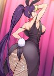  1girl animal_ears armpits ass back bracelet breasts bunny_tail bunnysuit dragon_quest dragon_quest_xi fishnet_legwear fishnets hand_on_hip highres jewelry long_hair martina_(dq11) nac000 ponytail purple_hair rabbit_ears smile solo tail very_long_hair violet_eyes 