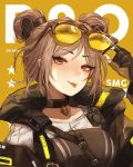  1girl :p artist_name black_choker brown_hair choker commentary double_bun english_text eyebrows_visible_through_hair eyes_visible_through_hair eyewear_lift fingerless_gloves girls_frontline gloves orange-tinted_eyewear p90_(girls_frontline) radio red_eyes simple_background smile solo star sunglasses tactical_clothes terupancake tongue tongue_out upper_body yellow_neckwear 