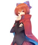  1girl artist_name bangs black_shirt blue_bow blush bow cape commentary_request eyebrows_visible_through_hair hair_between_eyes hair_bow hand_up high_collar long_sleeves looking_at_viewer nnyara pleated_skirt red_cape red_eyes red_skirt redhead sekibanki shirt short_hair simple_background skirt solo touhou twitter_username upper_body white_background 
