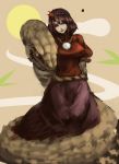  1girl animal breasts brown_eyes brown_hair giant_snake hair_ornament hairband head_tilt inishie_kumo large_breasts long_skirt looking_at_viewer oversized_animal puffy_short_sleeves puffy_sleeves purple_skirt red_shirt shirt short_hair short_sleeves sketch skirt smile snake solo touhou yasaka_kanako 