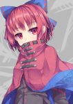  1girl bangs black_shirt blue_bow bow cape commentary_request eyebrows_visible_through_hair grey_background hair_bow long_sleeves looking_at_viewer red_cape red_eyes redhead ribbon-trimmed_bow sekibanki shirt short_hair solo touhou upper_body uumaru 