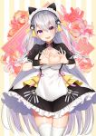 animal_ears breasts commentary_request fake_animal_ears fang hair_between_eyes hair_ornament haruyuki_14 heart heart_hands highres hourei_tenten maid_headdress melty+ mole mole_on_breast mole_under_eye open_mouth silver_hair thigh-highs violet_eyes virtual_youtuber white_legwear 